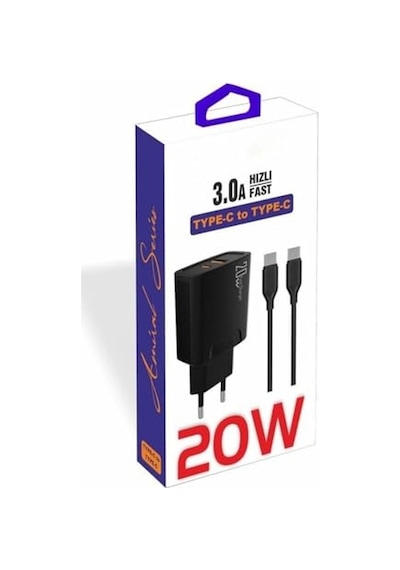 20 Watt Usb + Type-c Çıkışlı Hızlı Şarj Başlık Adaptör + 1m 3a Type-c To Type-c Kablo Yerli Üretim Kdr-42