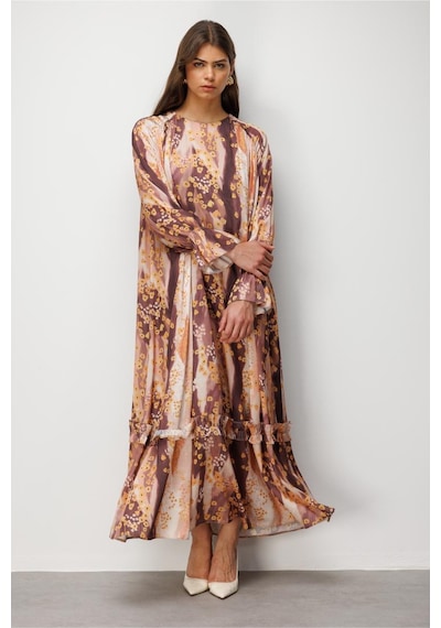 Desenli Mizalle Floral Detaylı Maksi Elbise Çok renkli