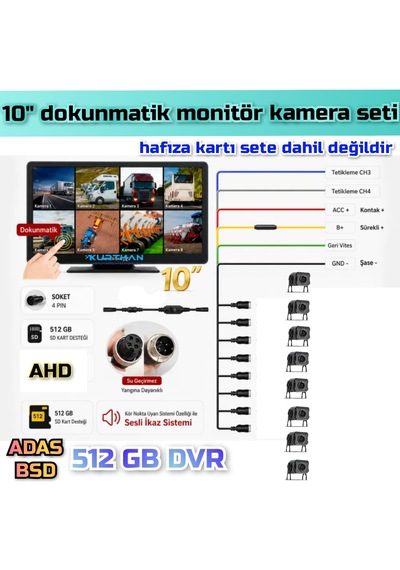 10 İnç 8 Ch Dokunmatik Ekran 8 Adet Ahd 1080p Kamera 512 Gb Dvr Adas Bsd 12 24 Volt