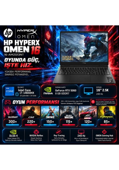 HP Hyperx Omen D9CS9EAH29 Intel Core I7-14650hx 64 GB 2 TB SSD RTX5060 16" W11H Dizüstü Bilgisayar + Çanta