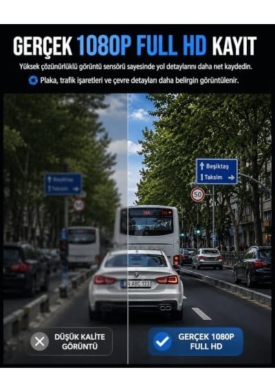 Araç İci Kamera Wifi 3 Kameralı Full Hd 1080p 30fps Dash Cam Arka Kamera, Park Modu, Geniş Açılı Gece Görüşlü