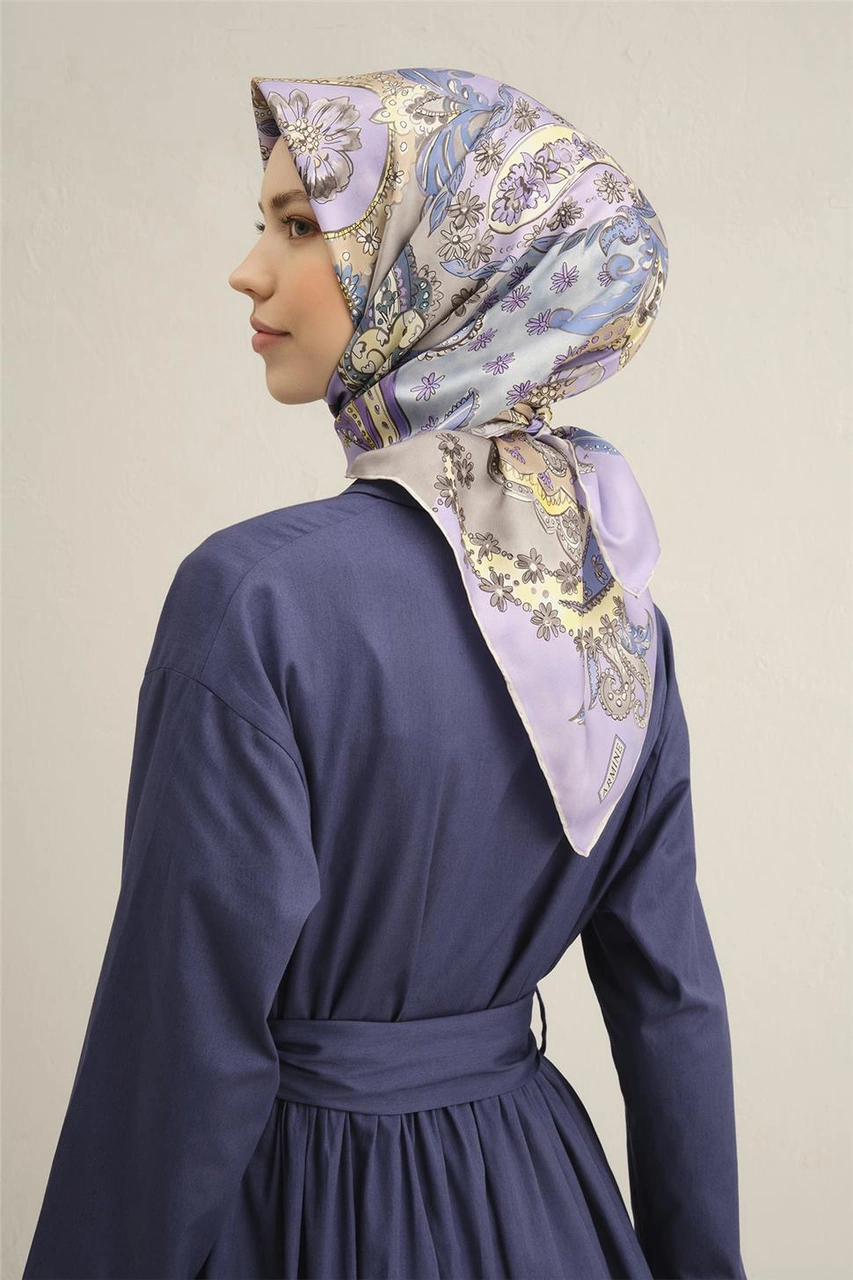Armine Etnik Desenli Saf İpek Twill Eşarp 9338d 82 Lila
