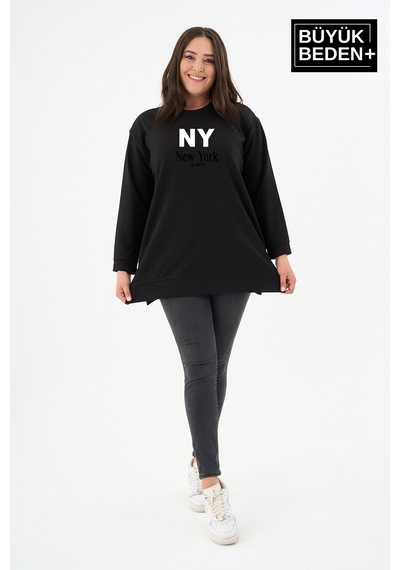 Süperlife Kadın Tunik Büyük Beden Ny Newyork Baskılı İnce Sweatshırt Spr26btk990-1 Siyah