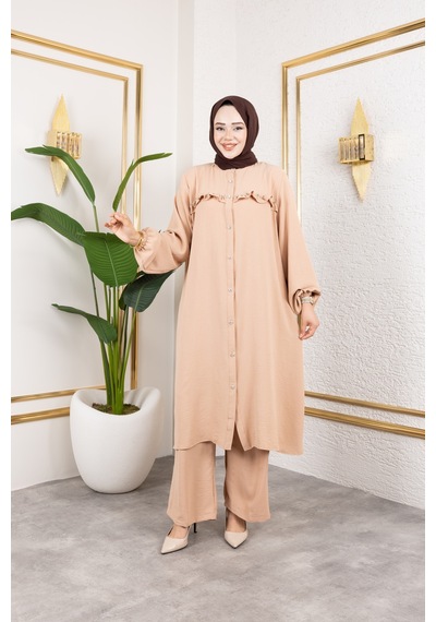 Nevayla Moda Ayrobin Kumaş İnci Detaylı Takım / T112 - Vizon Vizon