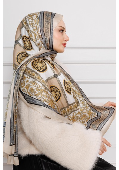 Sevitli Versace Desenli Hint İpeği Şal-krem-4536