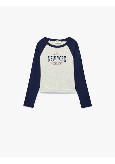 Koton New York Baskılı Uzun Kollu Bisiklet Yaka Tişört Gri Melanj 7wkg10152ak
