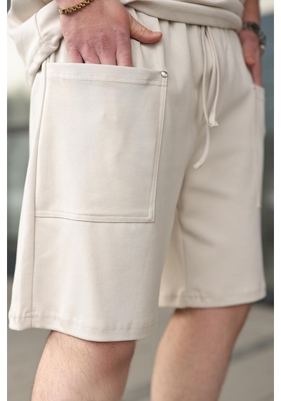 Madmext Taş Rengi Bisiklet Yaka Oversize Erkek Şort T-shirt Takım E7355 Taş Rengi