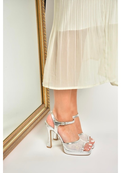 Fox Shoes U569921409 Gümüş File Detaylı Kalın Topuklu Abiye Ayakkabı Gümüş