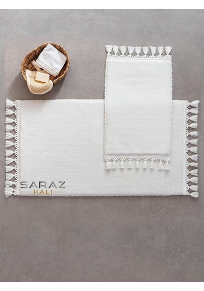 Saraz Halı Puffy Banyo Paspas 2 Li Saçaklı Yıkanabilir Beyazbeyaz Beyaz