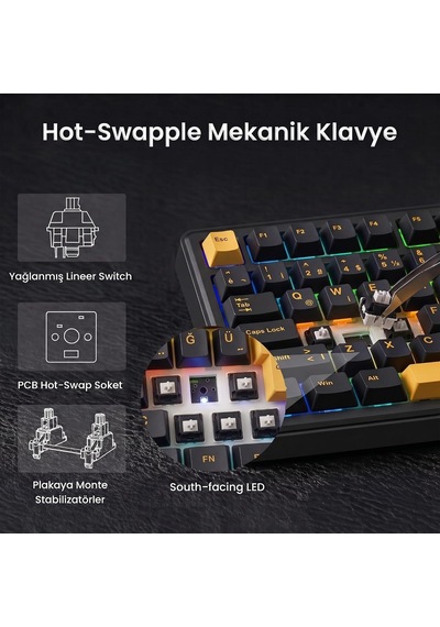 F75 Max Mekanik Rgb Tkl Graywood V4 Switch Kablosuz Makrolu Hot Swap Türkçe Q Klavye Siyah