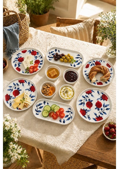 Nar 10 Parça 4 Kişilik Stackable Seramik Kahvaltı Takımı Nar Desenli Lüks Kahvaltılık Sunum Seti Beyaz