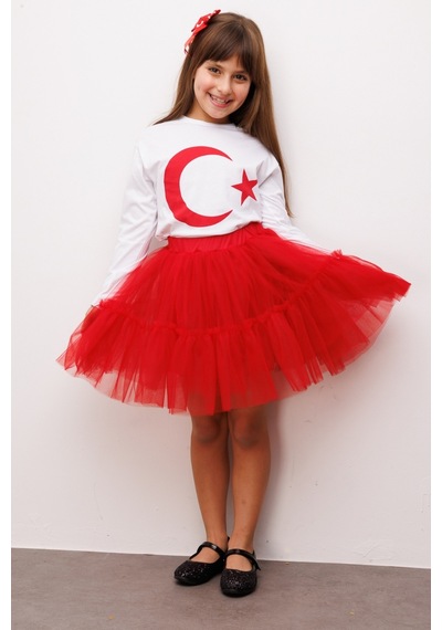 Le Mabelle Beyaz Ay Yıldız Baskılı Uzun Kollu Çocuk Tişört Beyaz
