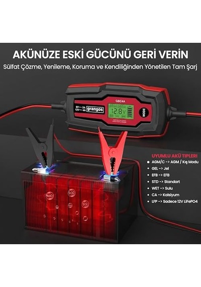 Ayrex Grangos Gbc4a 6v / 12v 120 Ah Akıllı Dijital Akü Şarj/akü Bakım/desülfatör Ve Power Supply, Otomobil/motos