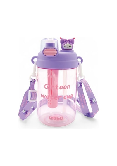 Kuromi Hello Kitty Çizgifilm Karakterli Çocuk Suluğu - Askılı Çift Kapaklı Pipetli Matara 750ml Mor