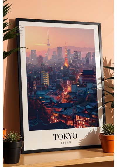 Tokyo Japan Vintage Seyahat Posteri Çerçeveli Tablo - Premium Gece Silüeti Elit Duvar Dekoru Siyah