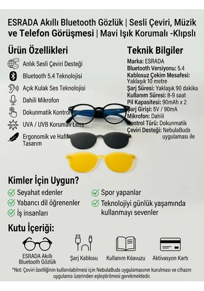 Esrada Akıllı Bluetooth Gözlük Sesli Çeviri, Müzik Ve Telefon Görüşmesi Mavi Işık Korumalı- Klıpslı Es220 C01 50