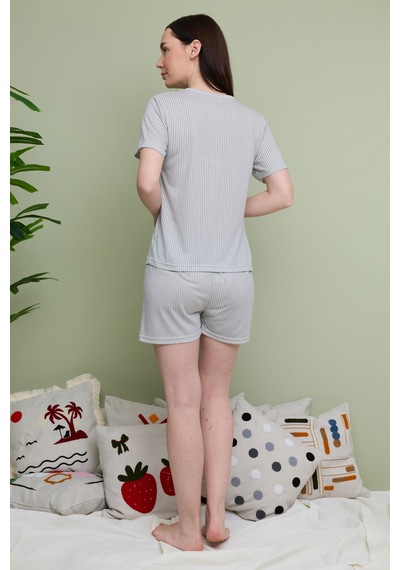 Fullamoda Çizgili Bisiklet Yaka Şortlu Pijama Takımı Gri