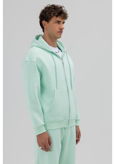 Vamos Basic Fermuarlı Oversize Kapüşonlu Sweatshirt Mint