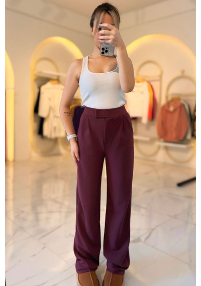 Bb Butik Basic Bordo Cırtlı Palazzo Pantolon 4556 Bordo