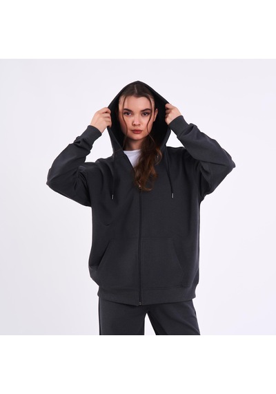 MMetalic Antrasit Kanguru Cepli Kapüşonlu Fermuarlı Oversize Kadın Sweatshirt Antrasit