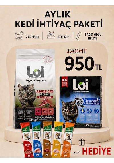 Aylık Kedi İhtiyaç Paketi 2 Kg Mama + 10 Lt Kum + 5 Li Karışık Ödül Maması Kuzulu