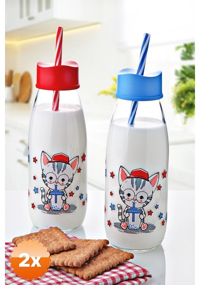 2 Adet Hayvan Figürlü Pipetli Su Ve Süt Şişesi Cam 500 Ml
