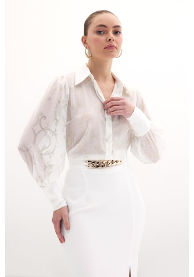 Sateen Geniş Manşetli Şifon Gömlek - Ekru-135897 Ekru