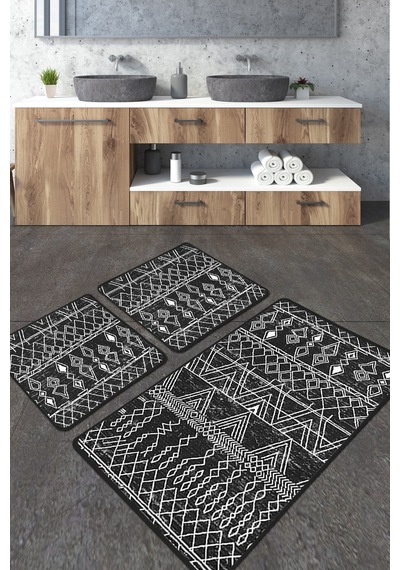 Straordinario Siyah Banyo Halısı Djt 3 Lü Set, Banyo Halısı , Banyo paspası yıkanabilir Siyah