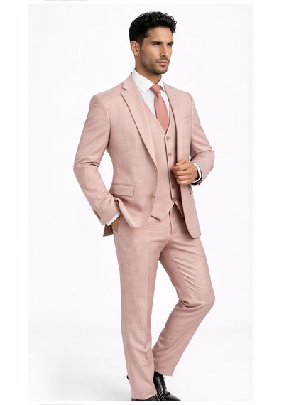 Fabio Cassel Slim Fit Mono Yaka Çift Yırtmaçlı Astarlı Takım Elbise Yelekli Pudra