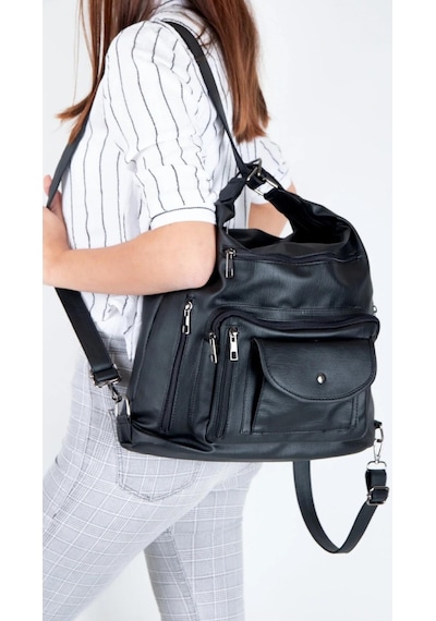Kadın Yıkama Deri Omuz Ve Sırt Çantası Siyah