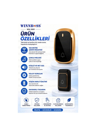 Kablosuz Kapı Zili 100 Metre Çekim Mesafeli Priz Tipi Kapı Zili Pil Dahil 36 Melodili Güçlü Ses
