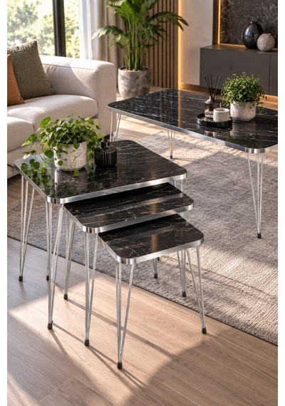 Sulorahome Siyah 4'lü Sehpa Seti Gümüş Metal Ayaklı