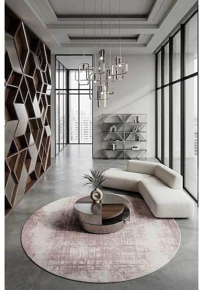 Geometrik Abstract Desenli Prato İpeksi Lüks Viskon Yuvarlak Halı Pr05 Krem
