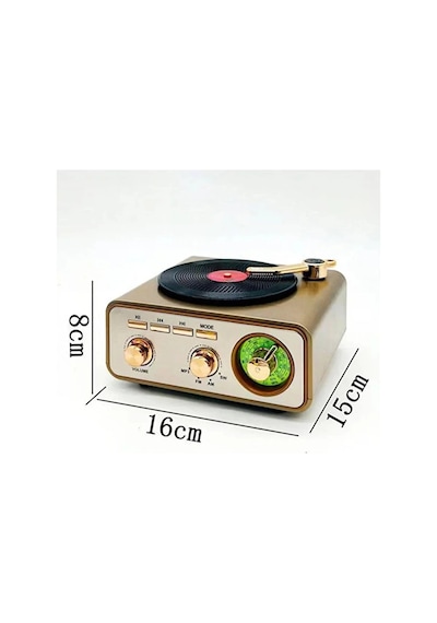 Metalik Nostaljik Tasarım Plak Çalar Görünümlü Radyolu Bluetooth Hoparlör Retro Müzik Plak Çok Renkli