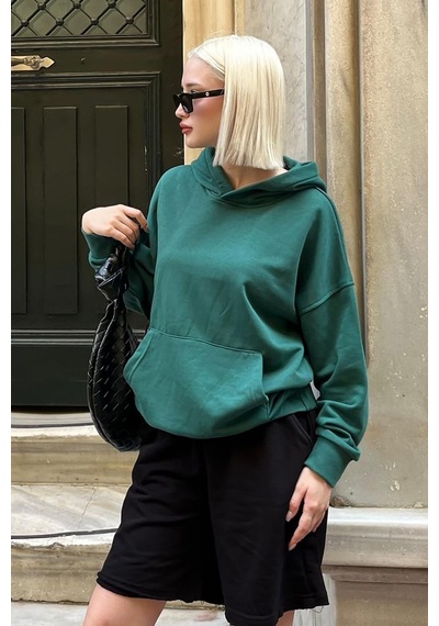 Koyu Yeşil Kapüşonlu Oversize Cepli Sweatshirt Mg2207