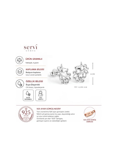 Servi 925 Ayar Gümüş Unicorn Tek Boynuzlu At Figürlü Küpe-412