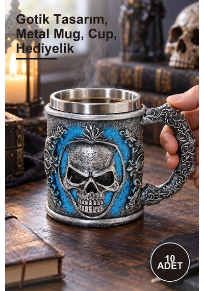 10 Adet Grim Reaper Azrail 3d Kabartmalı Çelik Kupa Bardak Gotik Tasarım, Metal Mug, Cup, Hediyelik
