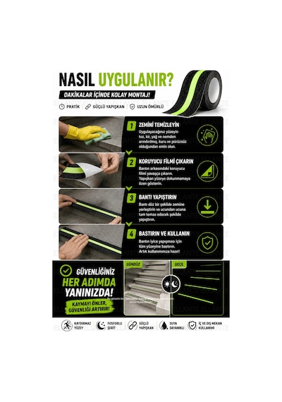 Fosforlu Kaydırmaz Merdiven Bandı 5 Metre 5 Cm Kendinden Yapışkanlı Kaymaz Zemin Güvenlik Bandı Gece