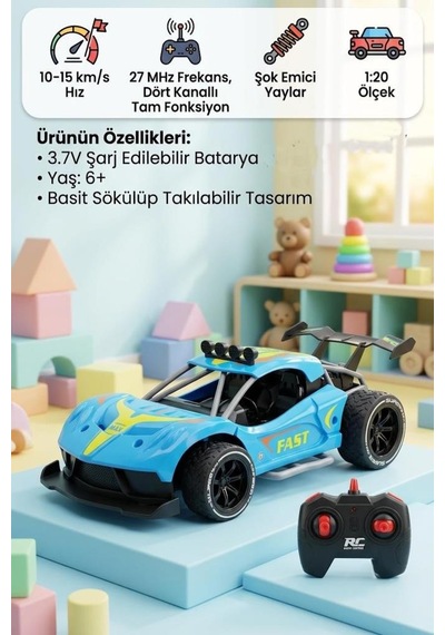 Super Speed Racing 1:20 Ölçekli Şarjlı Uzaktan Kumandalı Araba - 4 Kanallı Yarış Arabası Mavi