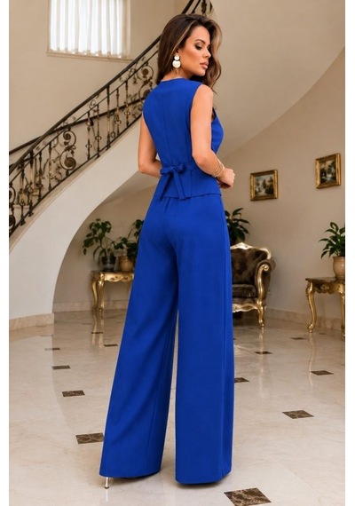 Veraura Lifestyle Kadın Askılı Önden Düğmeli Bluz Ve Pantolon Keten Ikili Takım Mavi