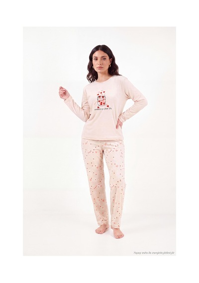 Lela Desenli Yumuşak Dokulu Uzun Kollu Pijama Takımı Kadın Pijama Takımı 65750155 Somon