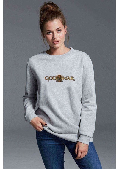 God Of War Logo Baskılı Gri Kadın Sweatshirt