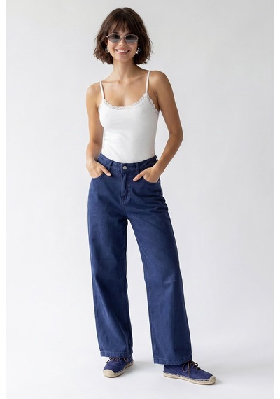 Mixray 2128 Kadın İnce Mevsimlik Yüksek Bel Wide Leg Denim Pantolon Lacivert