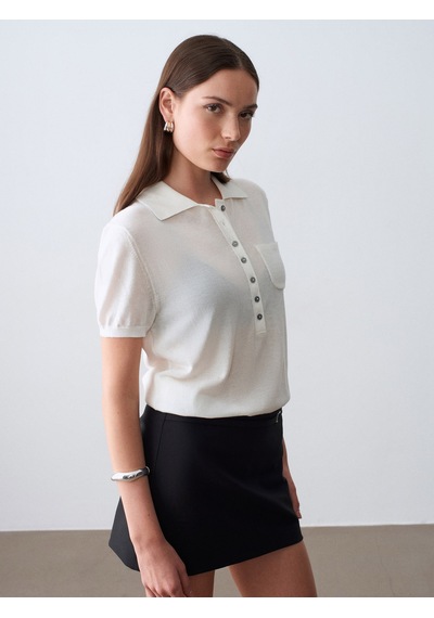 Dilvin 10874 Lyocell Karışımlı Polo Yaka Bluz-ekru