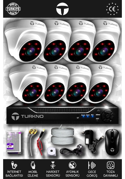 Turkno 8 Kameralı Domia 8 İç Kamera Set HDD'siz Full HD Gece Görüşlü Güvenlik Kamerası Sistemi