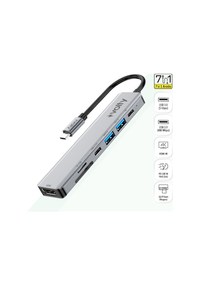 Type-c Çoğaltıcı Hub 7 İn 1 4k Hdmı, 100w Pd, Sd/tf, Usb 3.0, Alüminyum V0301004 Standart