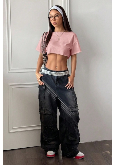 Kadın Pembe Kayık Yaka Oversize Crop T-shirt Pembe