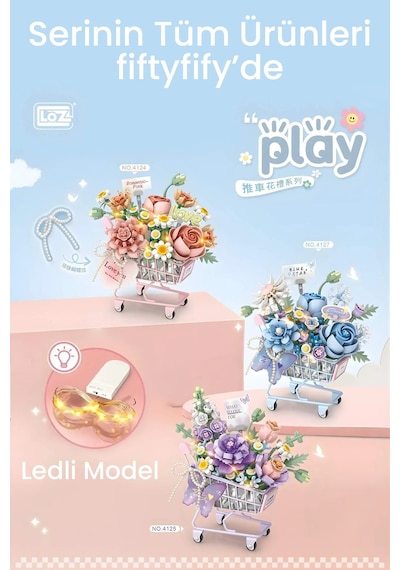 Loz Creative Serisi Ledli Pembe Çiçekli Sepet Figürü 584 Parça Blok Oyuncak Dekoratif Yapım Seti -4124