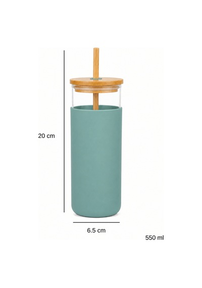 Bambu Pipetli Cam Bardak 550 Ml Silikon Kılıflı Kahve Bubble Tea Ve Su Şişesi - Yeşil