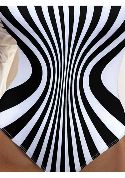 Hazego Kadın Yuvarlak Yaka Askılı Zebra Desen Baskılı Dalgıç Mayo Siyah